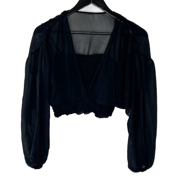 Anthropologie Tops - Anthropologie Blouse Cropped Top Sheer Balloon Sleeve Black OB1542695